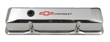 Proform 141-117 - Engine Valve Covers Tall Style Die Cast Chrome with Bowtie Logo For SB Chevy Recessed Black Chevrolet & Red Bowtie Logos Chevrolet Performance Parts