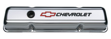 Proform 141-899 - Engine Valve Covers Stamped Steel Short Chrome w/ Bowtie Logo Fits SB Chevy Embossed Black Chevrolet & Red Bowtie Logos Chevrolet Performance Parts