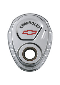 Proform 141-904 - Timing Chain Cover Chrome Steel With Chevy and Bowtie Logo Red SB Chevy 69-91 Chevrolet Performance Parts