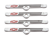 Proform 141-903 - Engine Valve Cover Holdown Clamps Chrome with Red Bowtie Logo SB Chevy 4 Pcs Black Lines & Red Bowties Chevrolet Performance Parts