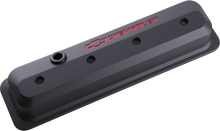 Proform 141-845 - Valve Covers SBC 87-Pres LS Ctr Bolt Tall Alum Black Crinkle Rec Emblems Recessed Red Chevrolet & Bowtie Logos Chevrolet Performance Parts