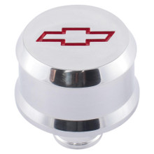 Proform 141-855 - Slant-Edge Aluminum Push-In Air Breather Cap Polished Finish Recessed Red Bowtie Emblem