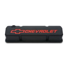 Proform 141-928 - Valve Covers Slant Edge Tall Die Cast Black w/Recessed Bowtie Logo SB Chevy Recessed Red Chevrolet & Bowtie Logos Chevrolet Performance Parts