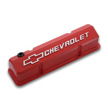 Proform 141-931 - Valve Covers Slant Edge Tall Die Cast Red W/Raised Bowtie Logo SB Chevy Raised Chevrolet & Bowtie Logos Chevrolet Performance Parts