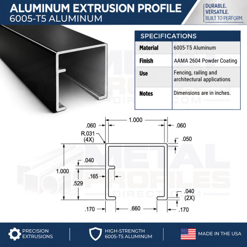 Blank 1in x 1in Aluminum U-Channel 72in Length