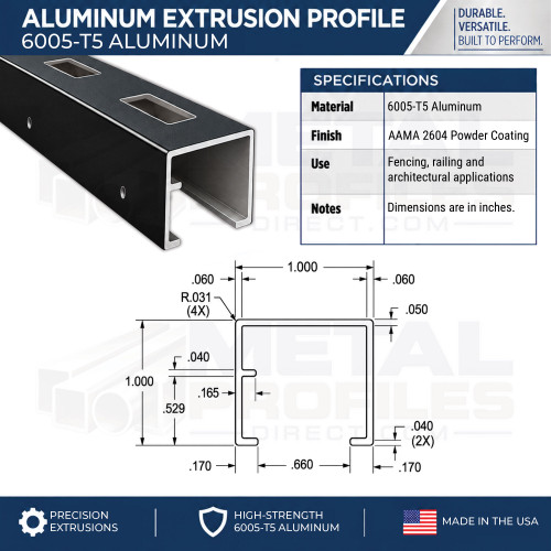 Mid Rail 1in x 1in Aluminum U-Channel 72in Length