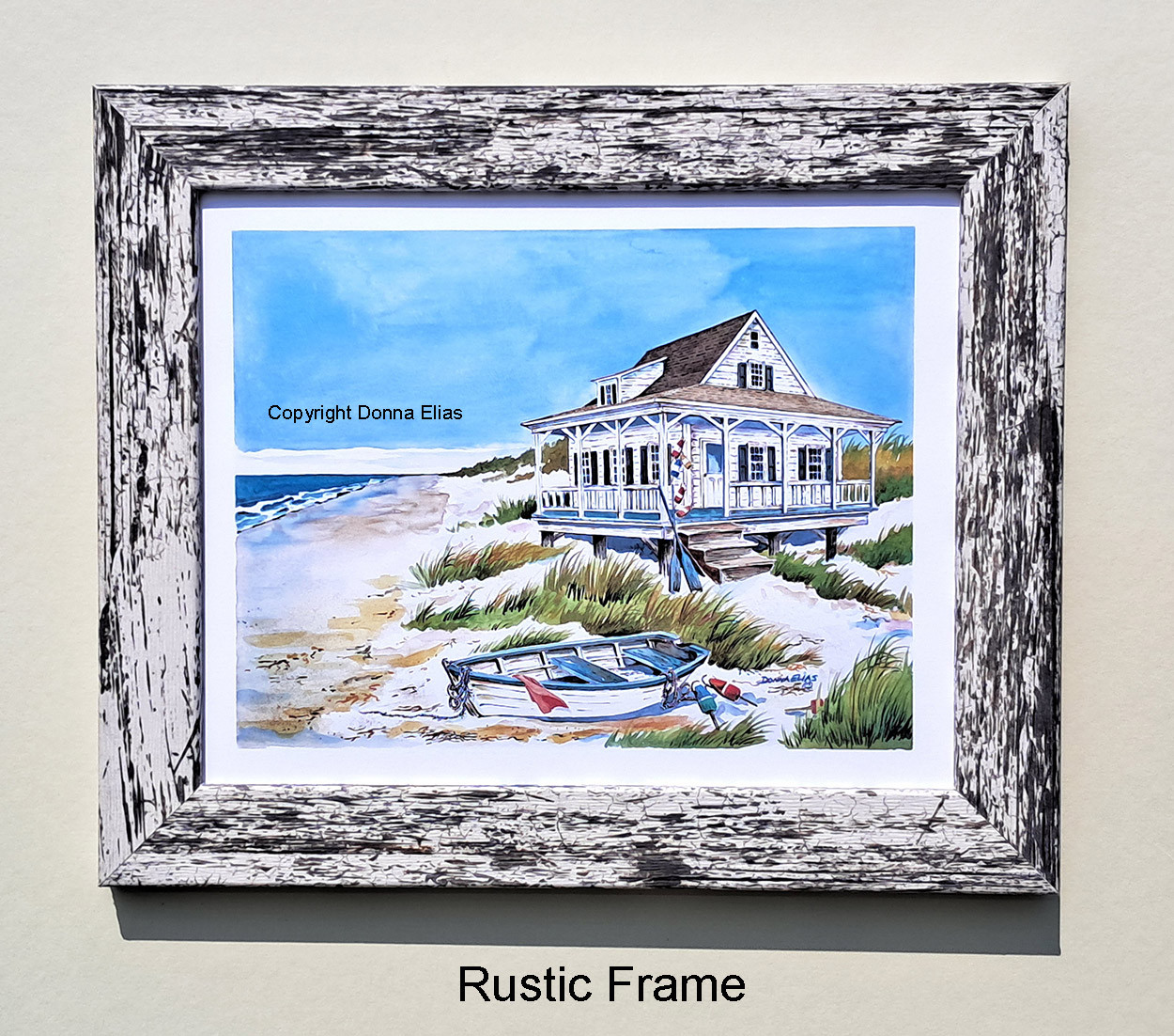 Beach Cottage and Boat in a rustic white frame - copyright Donna Elias