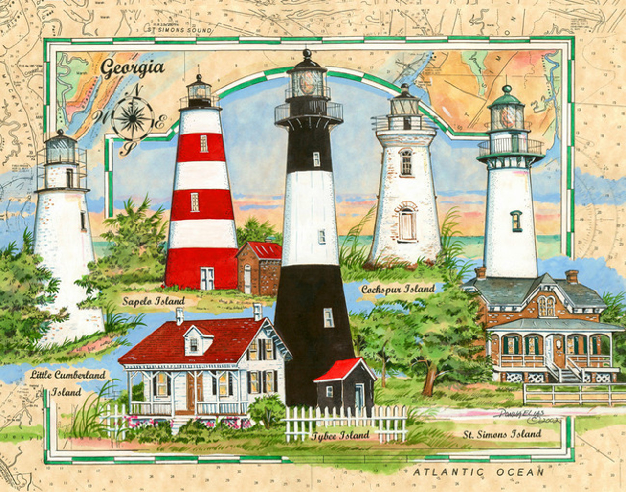 Lighthouses of Georgia Sea Chart Collage by Donna Elias