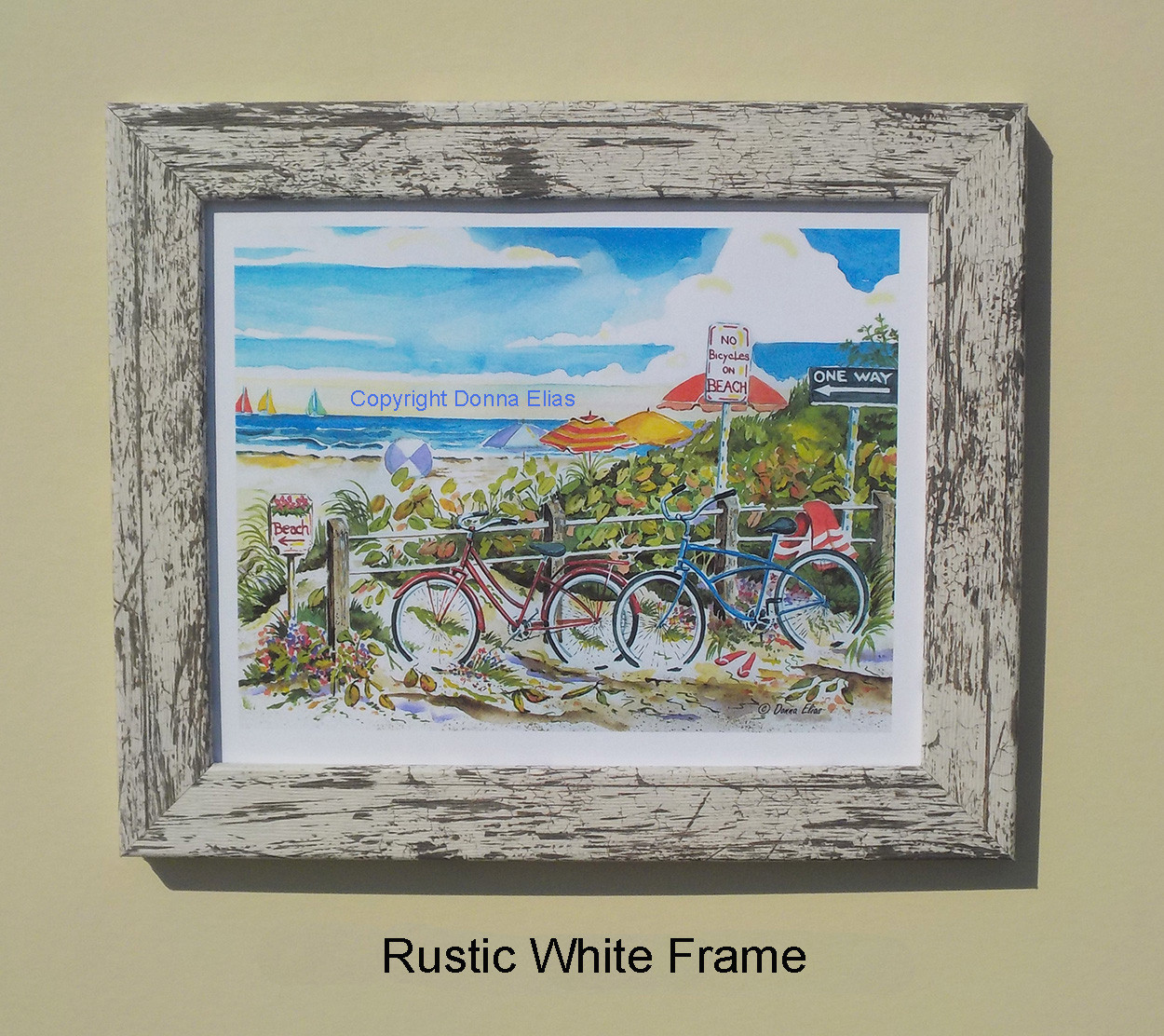 No Bikes on Beach framed in Rustic White - copyright Donna Elias