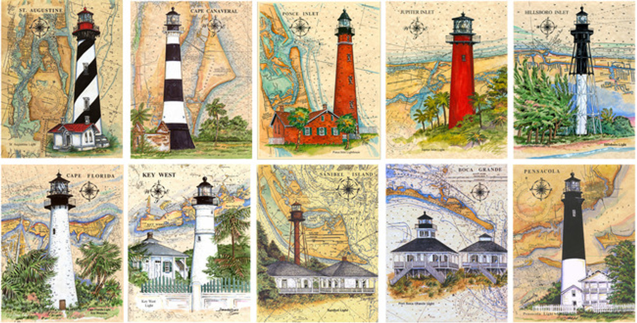 Florida Lighthouses Collection - 10 Sea Chart Light Prints 