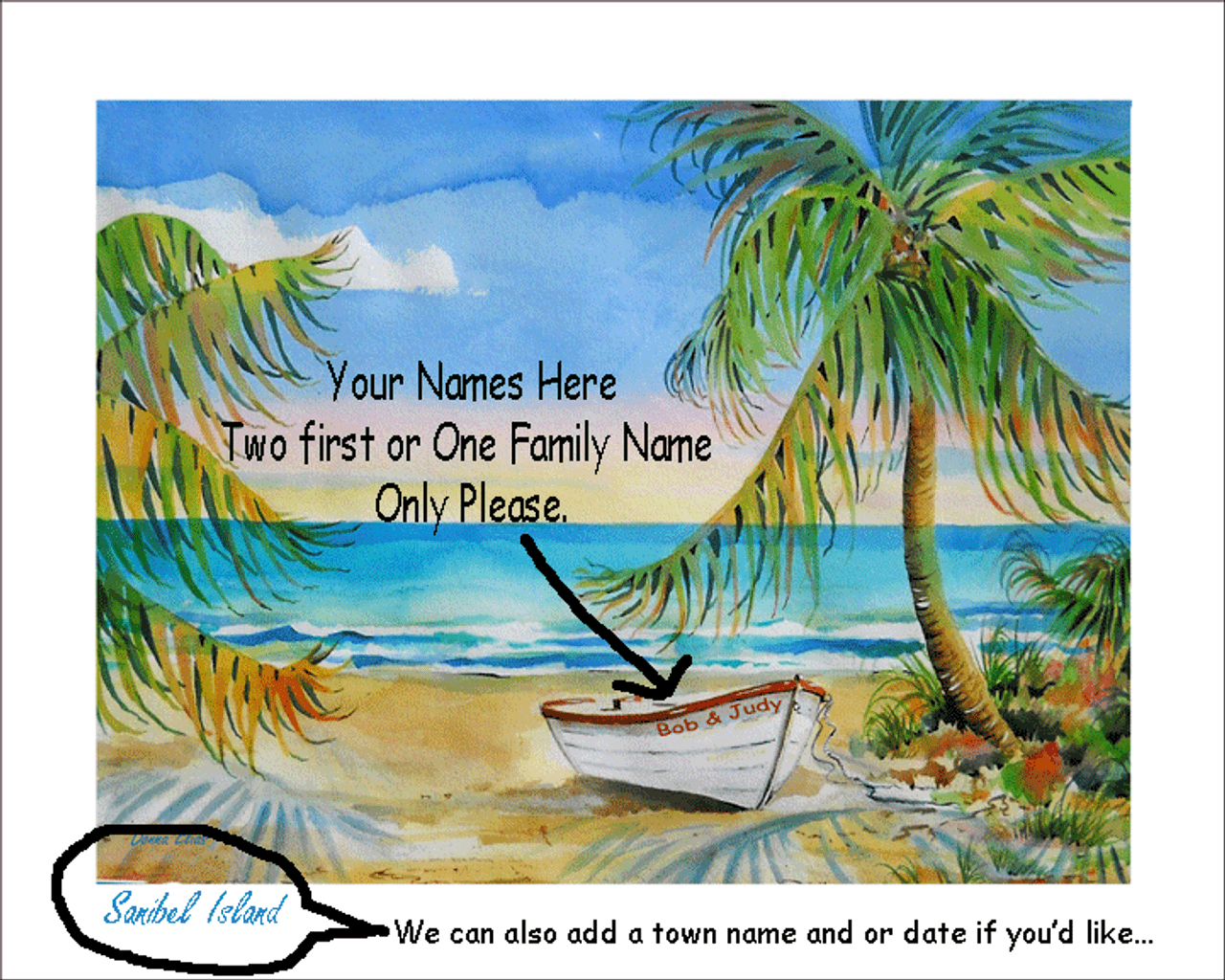 Palm Tree & Boat - Personalize with One to Two Names