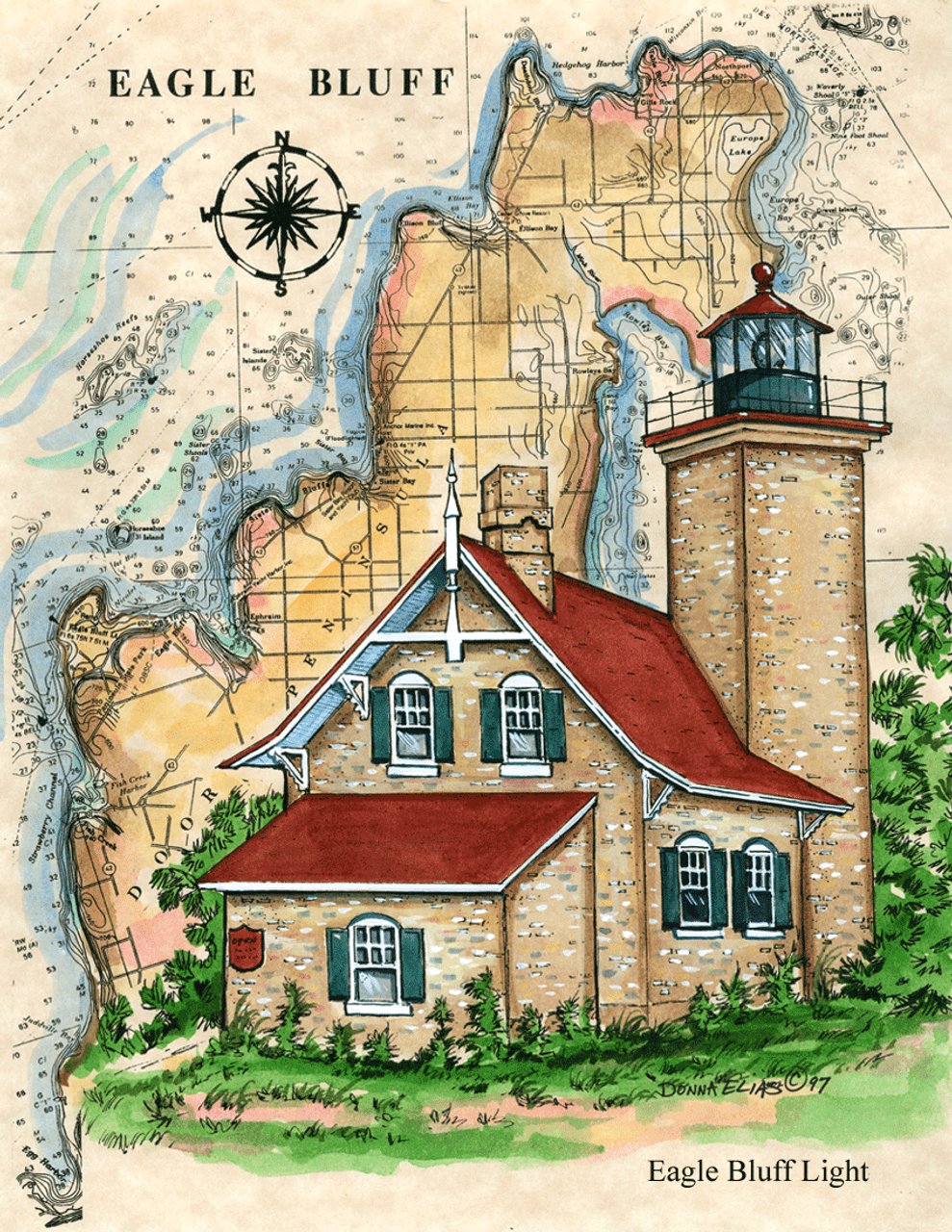 Eagle Bluff Sea Chart Lighthouse by Donna Elias