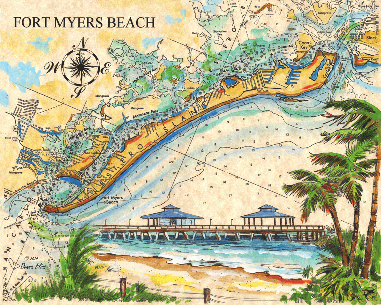 Fort Myers Beach & Estero Island Sea Chart Painting © Donna Elias. 