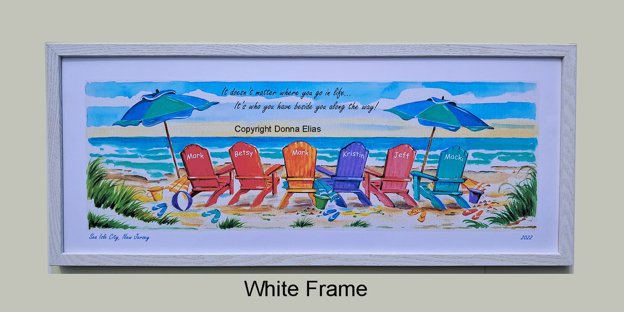 Six Chairs and Umbrellas by Donna Elias. Shown personalized in a white frame.