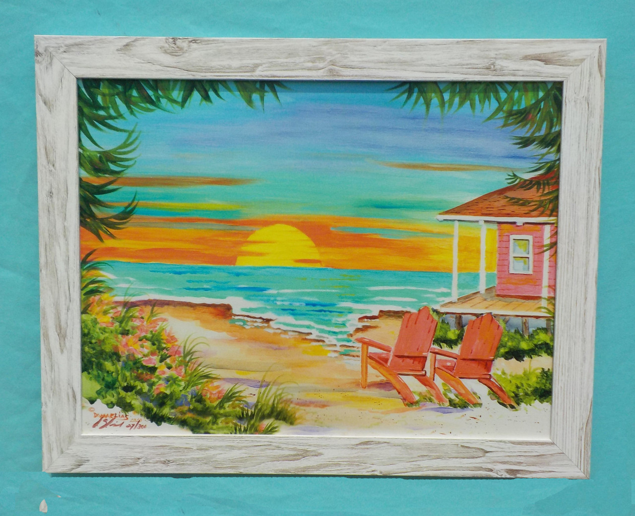 Shown: Sunset Cabin Framed in Tropical Beachwood.
Available Framed 22” x 28” or 34” x 44”
(Outside Dimension)
Painting © Donna Elias.
