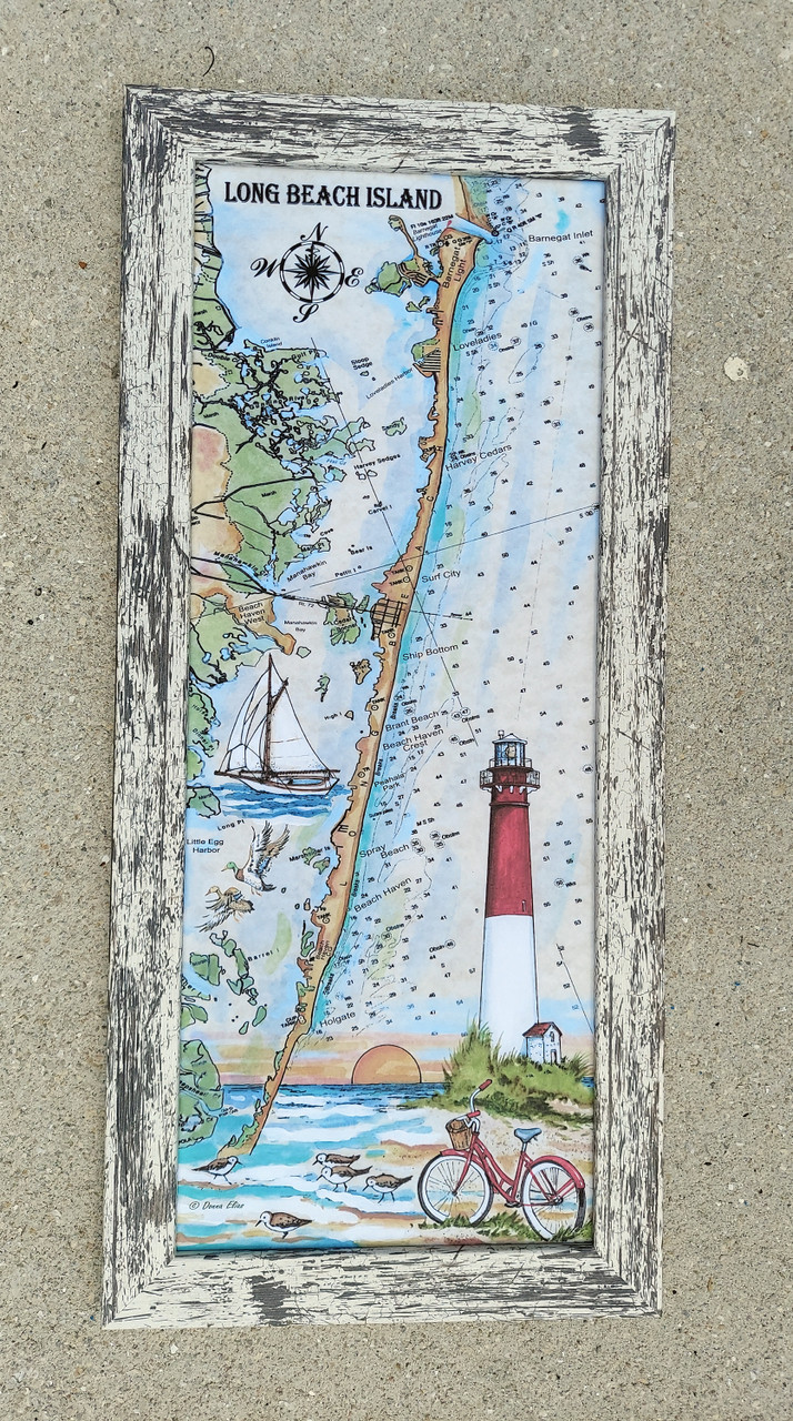 Long Beach Island Chart copyright Donna Elias - shown in a Rustic White frame.