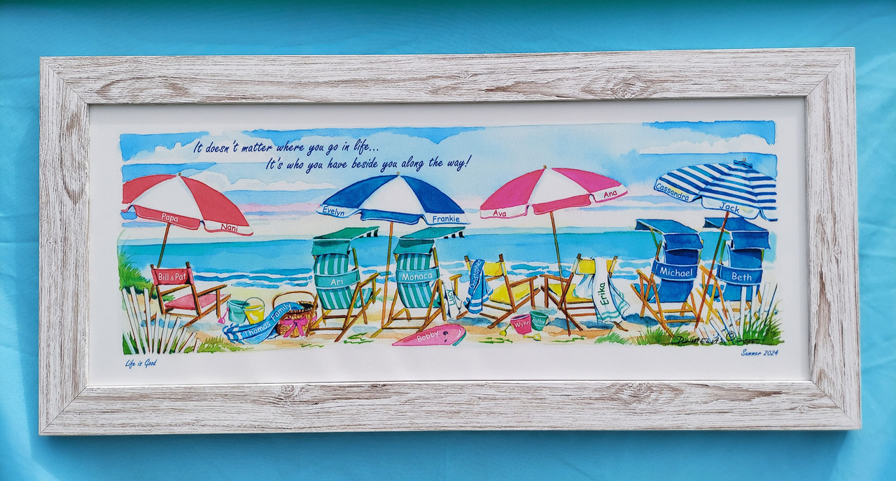 Chat Group Two copyright Donna Elias. Shown in 16" x 34" White tropical beachwood looking frame.