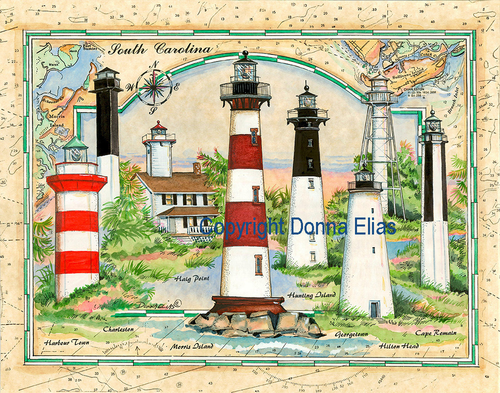 South Carolina Sea Chart Light Collage copyright Donna Elias