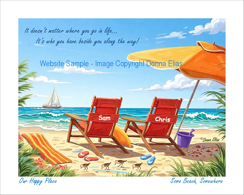 Red Beach Chairs Two (shown name dropped and with sentiment added) copyright Donna Elias