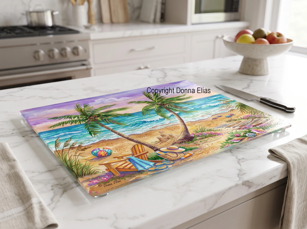 Fun under the Palms tempered glass cutting board copyright Donna Elias