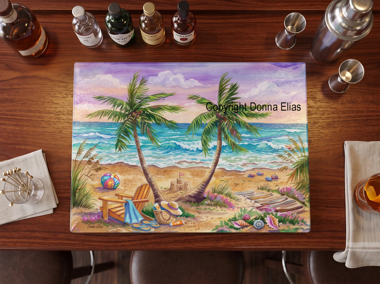 Fun under the Palms tempered glass cutting board copyright Donna Elias