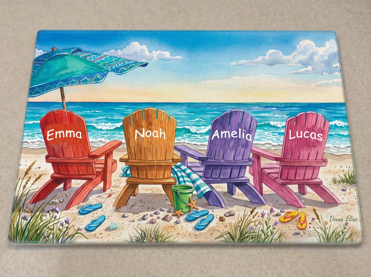 Four at the Beach tempered glass cutting board copyright Donna Elias