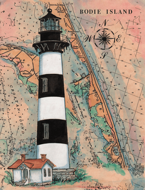 Bodie Island Sea Chart Light original painting © 1998 Donna Elias. Painting was damaged by Super Storm Sandy in 2012.