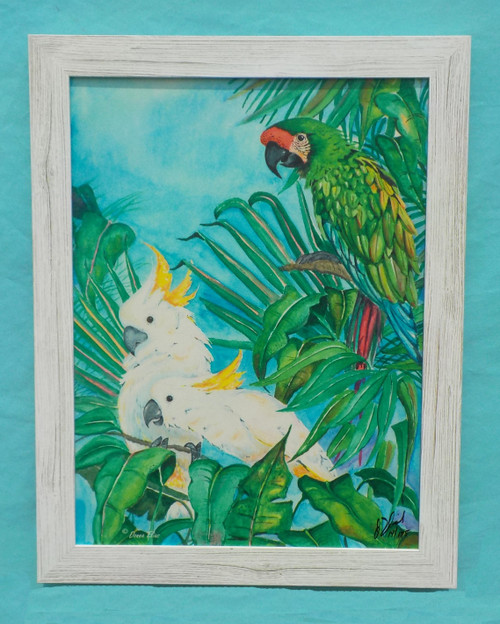 Shown: Tropical Get Together Framed in Tropical White Beachwood.
Available Framed 22” x 28” or 34” x 44”
(Outside Dimension)
Painting © Donna Elias.