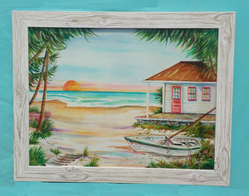 Shown: Tropical Beach Cottage and Boat Framed in Tropical White Beachwood.
Available Framed 22” x 28” or 34” x 44”
(Outside Dimension)
Painting © Donna Elias.