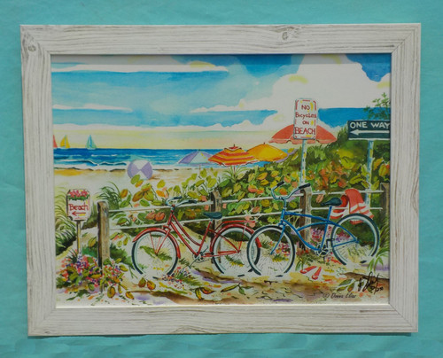 Shown: No Bikes on Beach Framed in Tropical White Beachwood.
Available Framed 22” x 28” or 34” x 44”
(Outside Dimension)
Painting © Donna Elias.