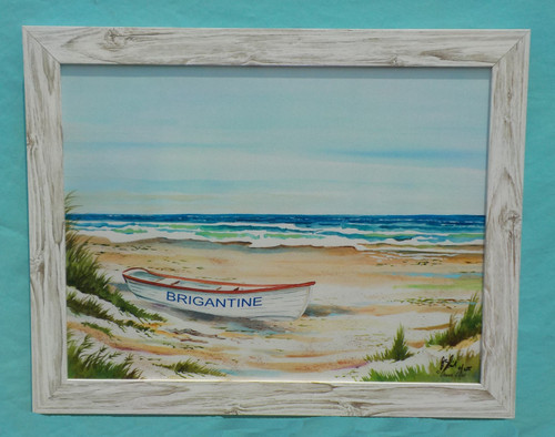 Shown: Brigantine Surfboat Framed in Tropical White Beachwood.
Available Framed 22” x 28” or 34” x 44”
(Outside Dimension)
Painting © Donna Elias.