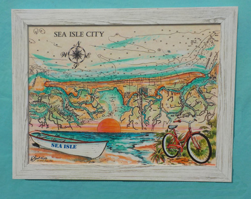 Shown: Charting Sea Isle City Framed in Tropical White Beachwood.
Available Framed 22” x 28” or 34” x 44”
(Outside Dimension)
Painting © Donna Elias.