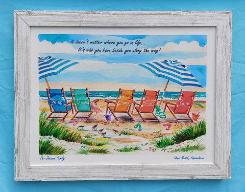 Five at the Beach copyright Donna Elias. Sample canvas shown in a 22" x 28" White Tropical Beachwood Frame.