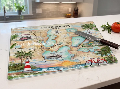 Charting Lake County, Florida tempered glass cutting board copyright Donna Elias