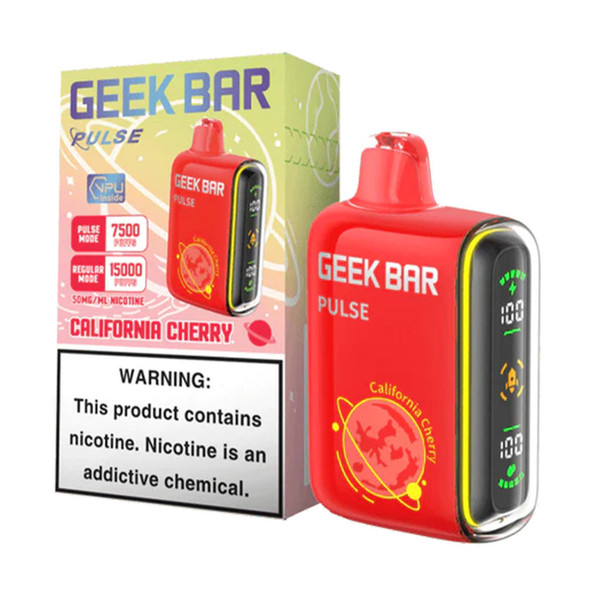 California Cherry Geek Bar Pulse disposable vape with 15,000 puffs.