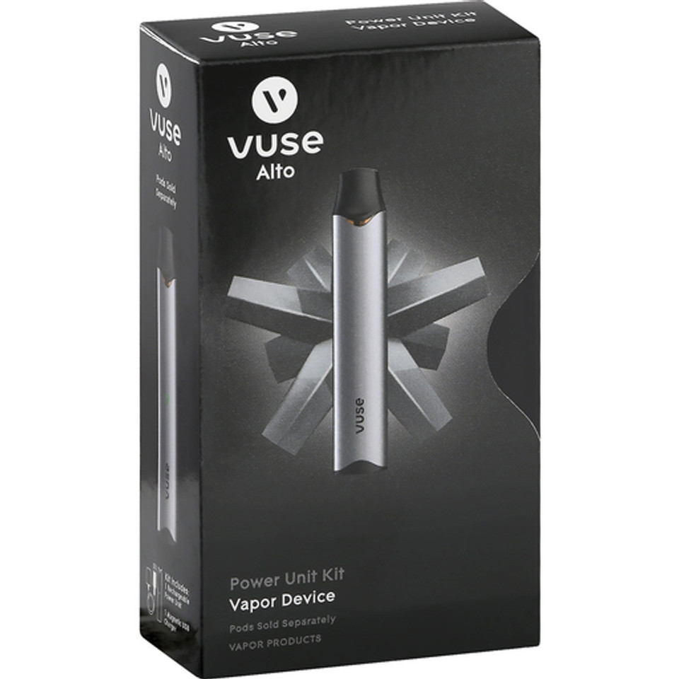 Sleek aluminum Vuse Alto vape device with charger.