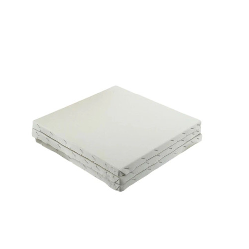 Stacked traditional stretched art canvases featuring 3/4" deep edge-stapled frames, offering consistent quality for studio and classroom painting.