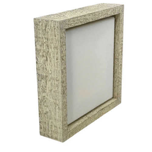 Rustic White Floater Frame showcasing a beautifully textured wood design, crafted for 1.5" deep canvases. Perfect for adding farmhouse charm and modern gallery style to artwork displays.