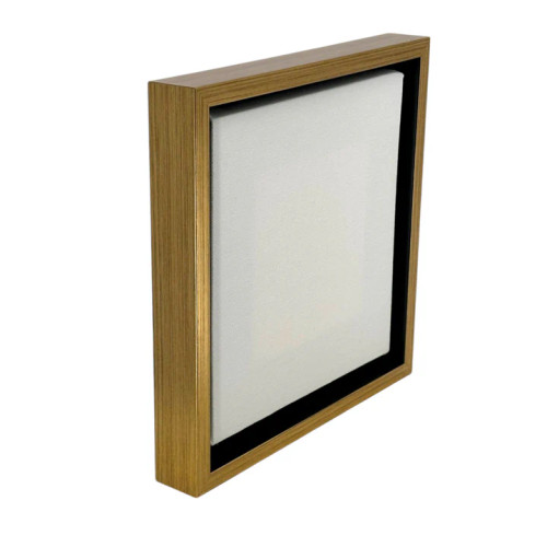 Gold floater frame for 3/4" deep canvas featuring a brushed metallic gold gallery profile, ideal for modern art framing and professional canvas display.