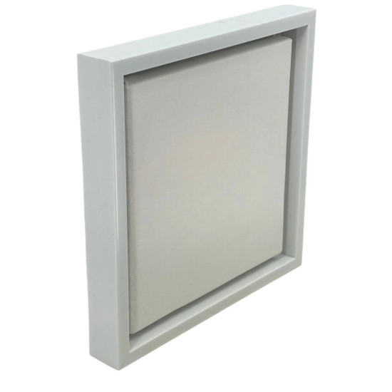 A sleek white floater frame designed for 3/4" deep canvases, offering a clean, modern, gallery-style presentation ideal for contemporary artwork and minimal interiors.