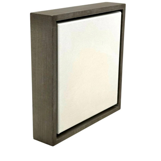 A weathered brown floater frame designed for 1.5" deep canvas, offering rustic charm, clean modern spacing, and durable wood construction ideal for showcasing fine art and décor.