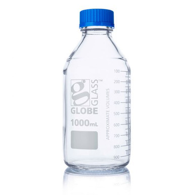 StonyLab Graduated Storage Bottles with GL45 Screw Cap, 1000 ml Borosilicate Glass Clear Round Lab Reagent Media Storage Bottles with Blue Screw Cap