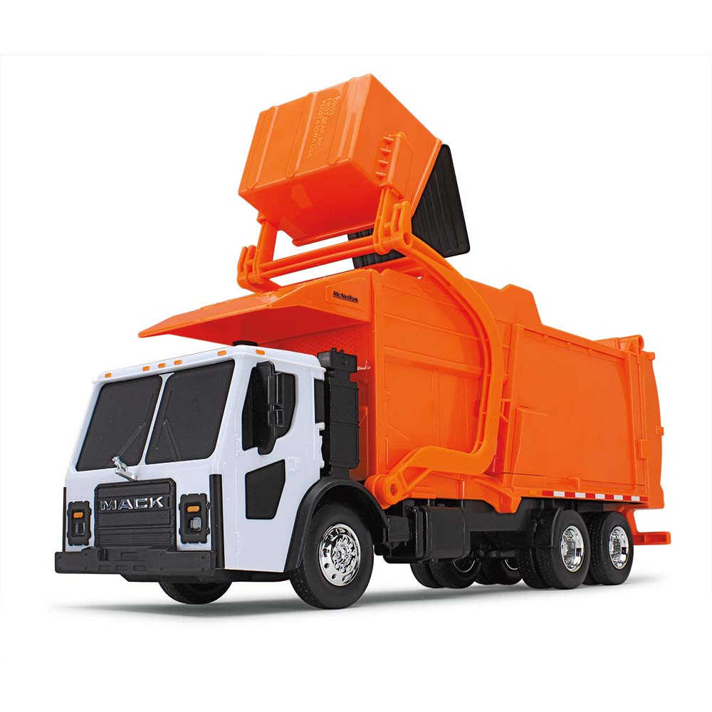 White/Orange Mack LR with McNeilus Meridian Front Load Refuse