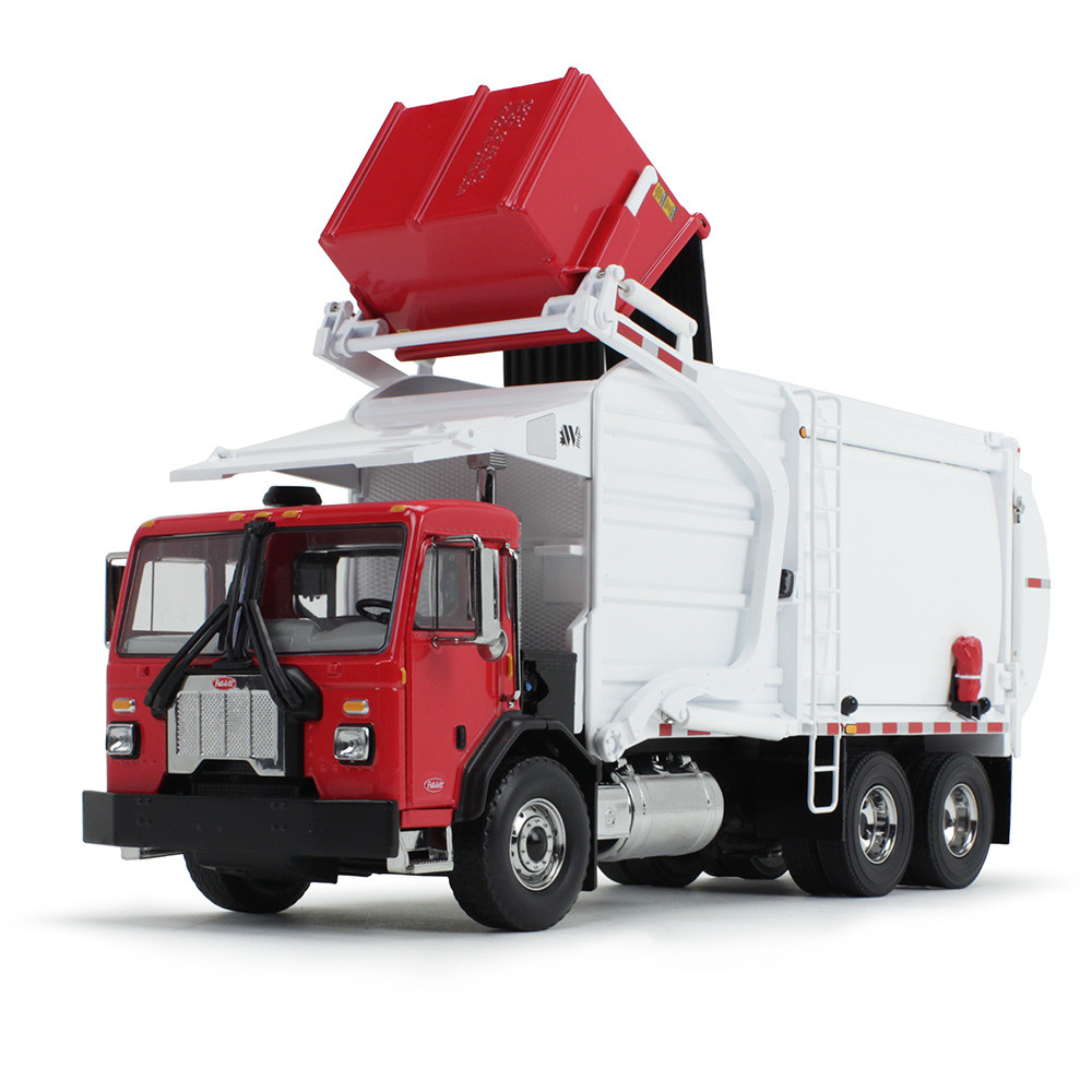 Red/White Peterbilt Model 520 with Wittke Front Loader and Trash Bin