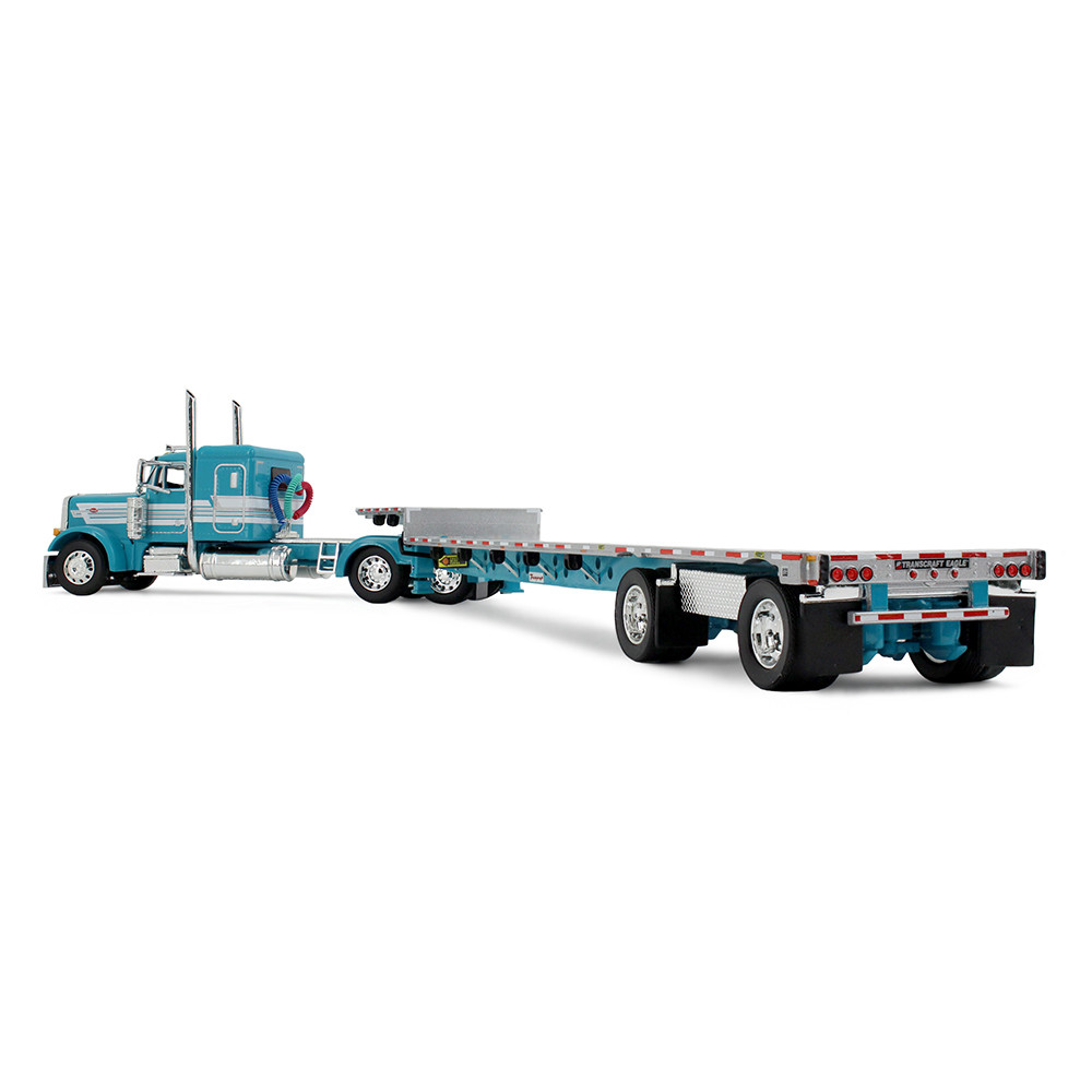 Teal Peterbilt Model 379 with 48" Flat Top Sleeper & Transcraft Step Deck Trailer
