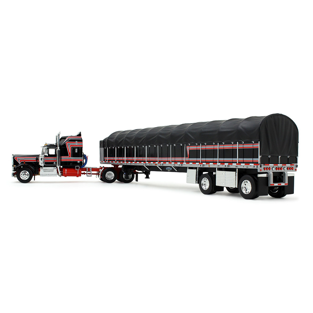 Black/Red Kenworth W900A with 60" Aerodyne Sleeper & 53' Wilson Roadbrute Flatbed Trailer with Covered Wagon