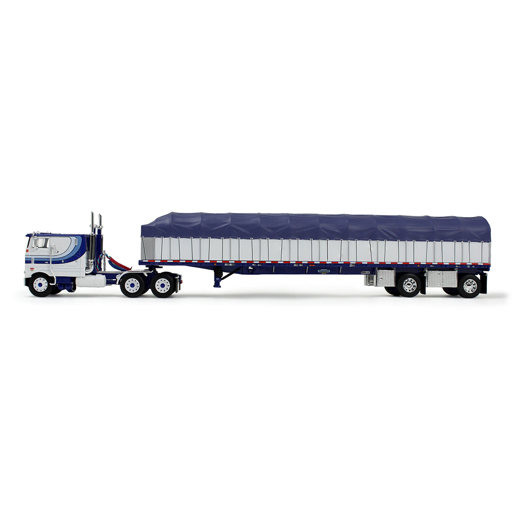 White/Blue Peterbilt Model 352 COE 110" Sleeper & 53' Wilson Roadbrute Flatbed Trailer with Covered Wagon