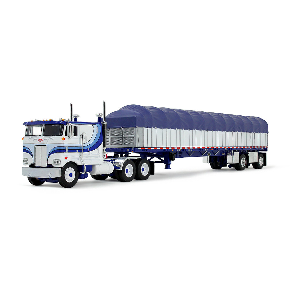 White/Blue Peterbilt Model 352 COE 110" Sleeper & 53' Wilson Roadbrute Flatbed Trailer with Covered Wagon