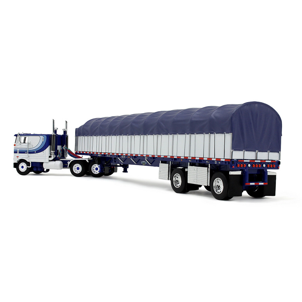 White/Blue Peterbilt Model 352 COE 110" Sleeper & 53' Wilson Roadbrute Flatbed Trailer with Covered Wagon