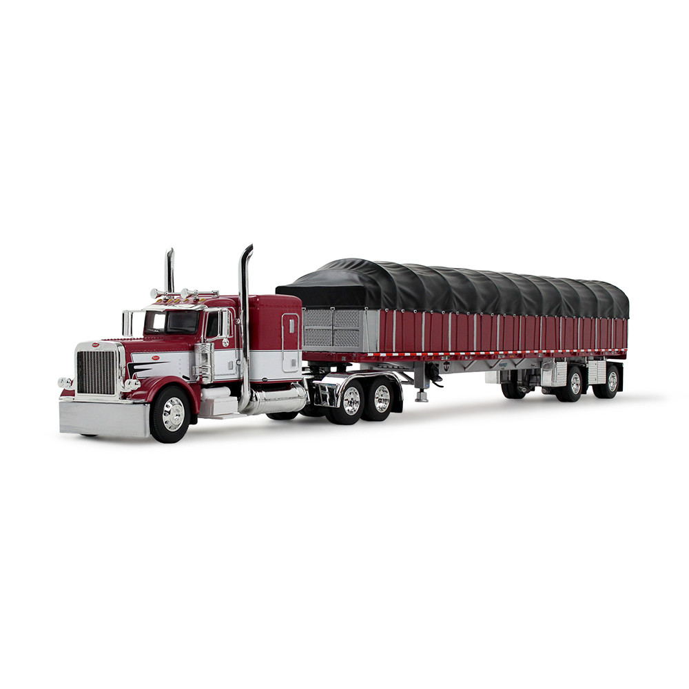 Maroon/White Peterbilt Model 389 with 63" Flat Top Sleeper & 53' Wilson Roadbrute Flatbed Trailer with Covered Wagon